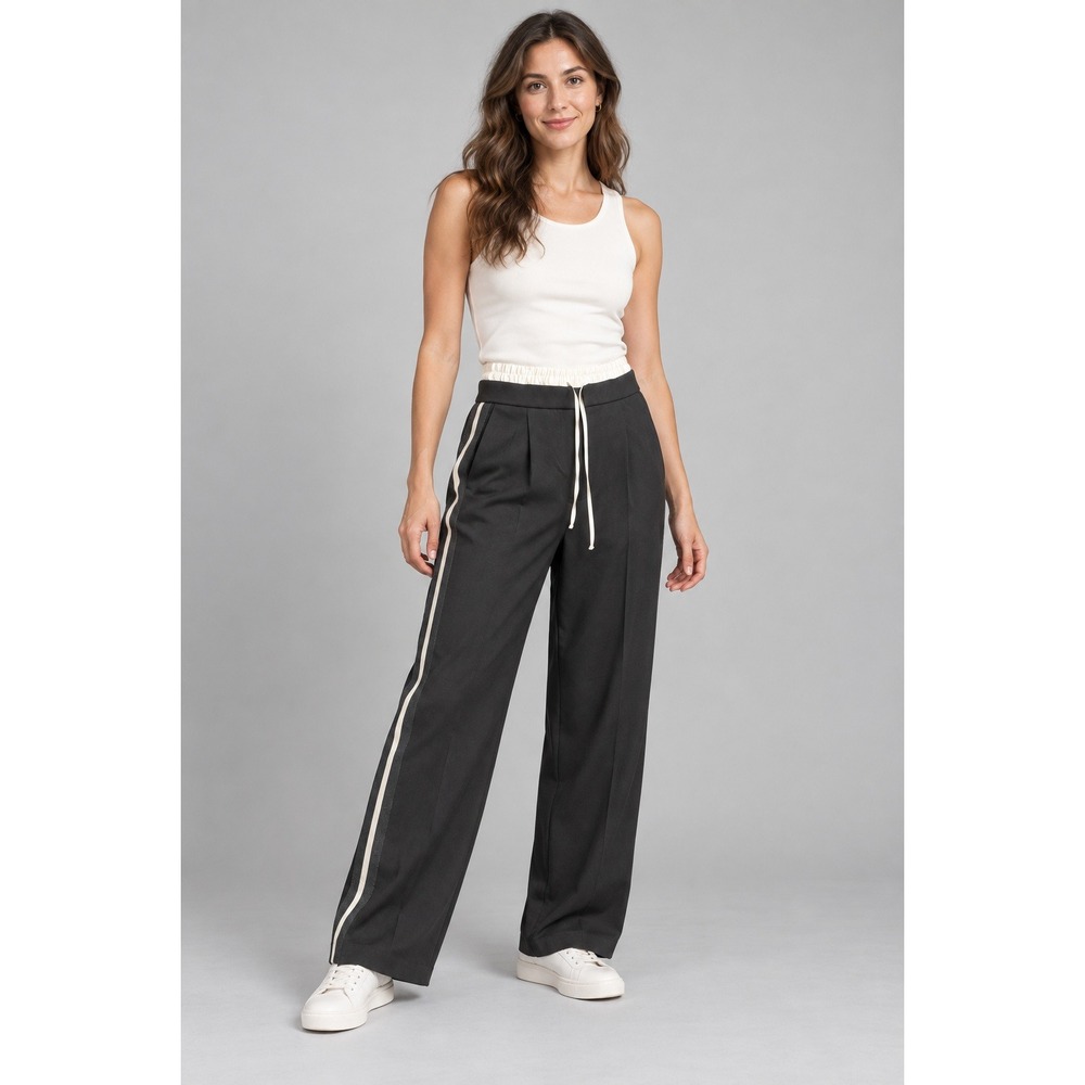 Zara Black Wide Leg Trousers Contrast Satin Waistband Drawstring XS 30in Inseam